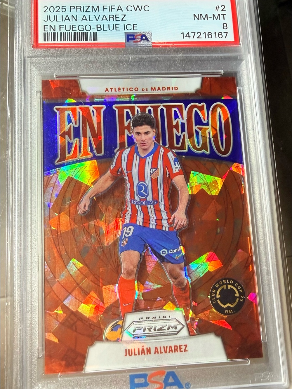 Julian Alvarez 2025 Panini Prizm FIFA #2 Blue Ice En Fuego /99 PSA 8 SSP FIFA Cl